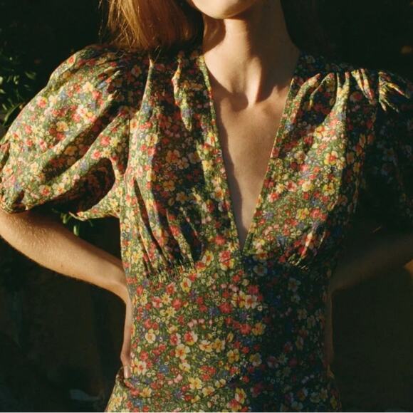 Doen Emilia Cotton V Neck Tie Short Puff Sleeve Mini Dress Green Valley Floral - Picture 5 of 16